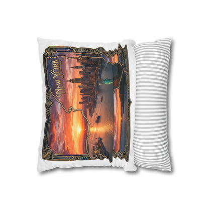 New York Skyline Sunset Decorative Pillowcase — Empire State & Statue of Liberty Throw Pillow Cover
