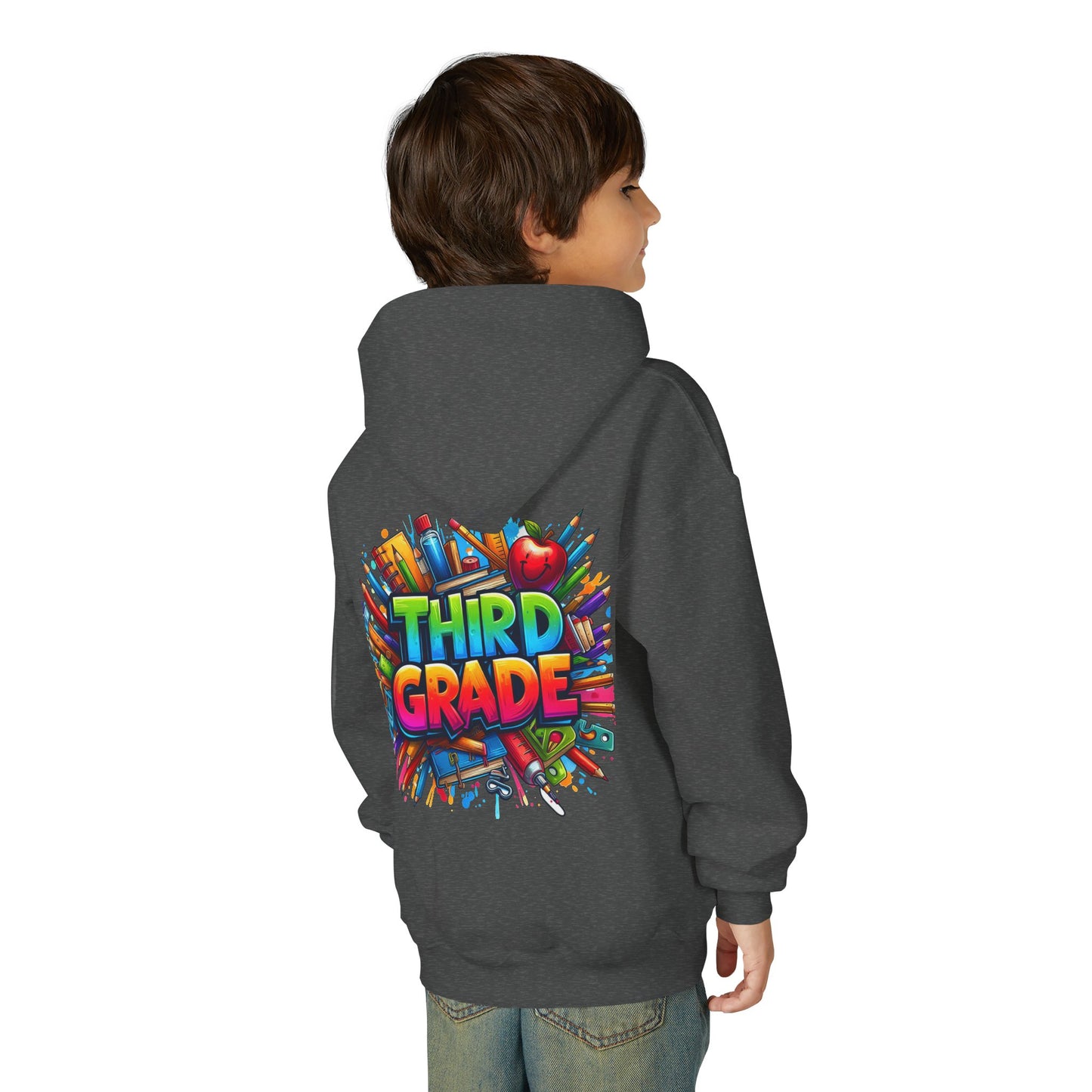 Third Grade Kids Hoodie — Colorful School Supplies Back-to-School Sweatshirt