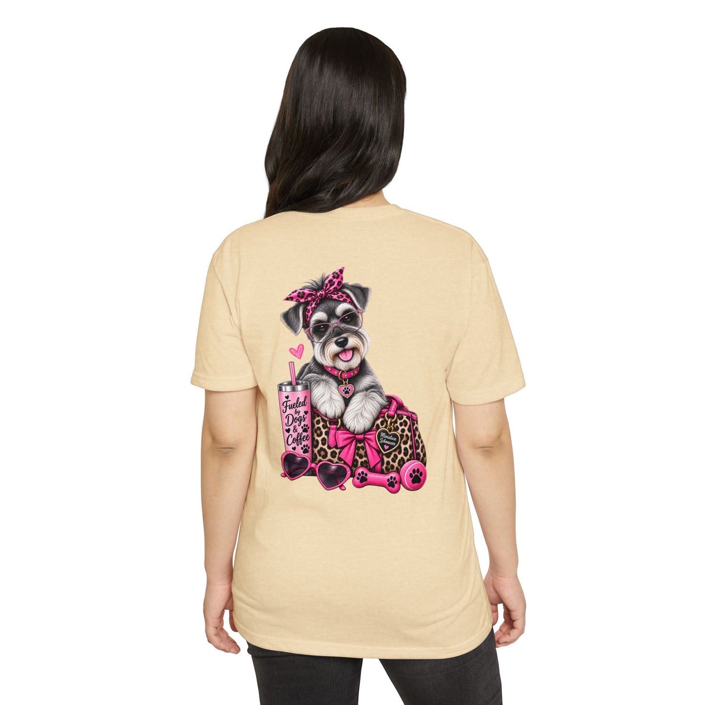 Schnauzer Fashion Tee — Cute Dog with Leopard Bag & 'Faith, Dog, Coffee' Design