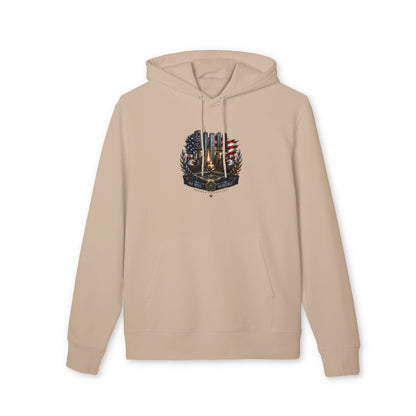 9/11 Memorial Hoodie - American Flag Tribute with Twin Towers Emblem