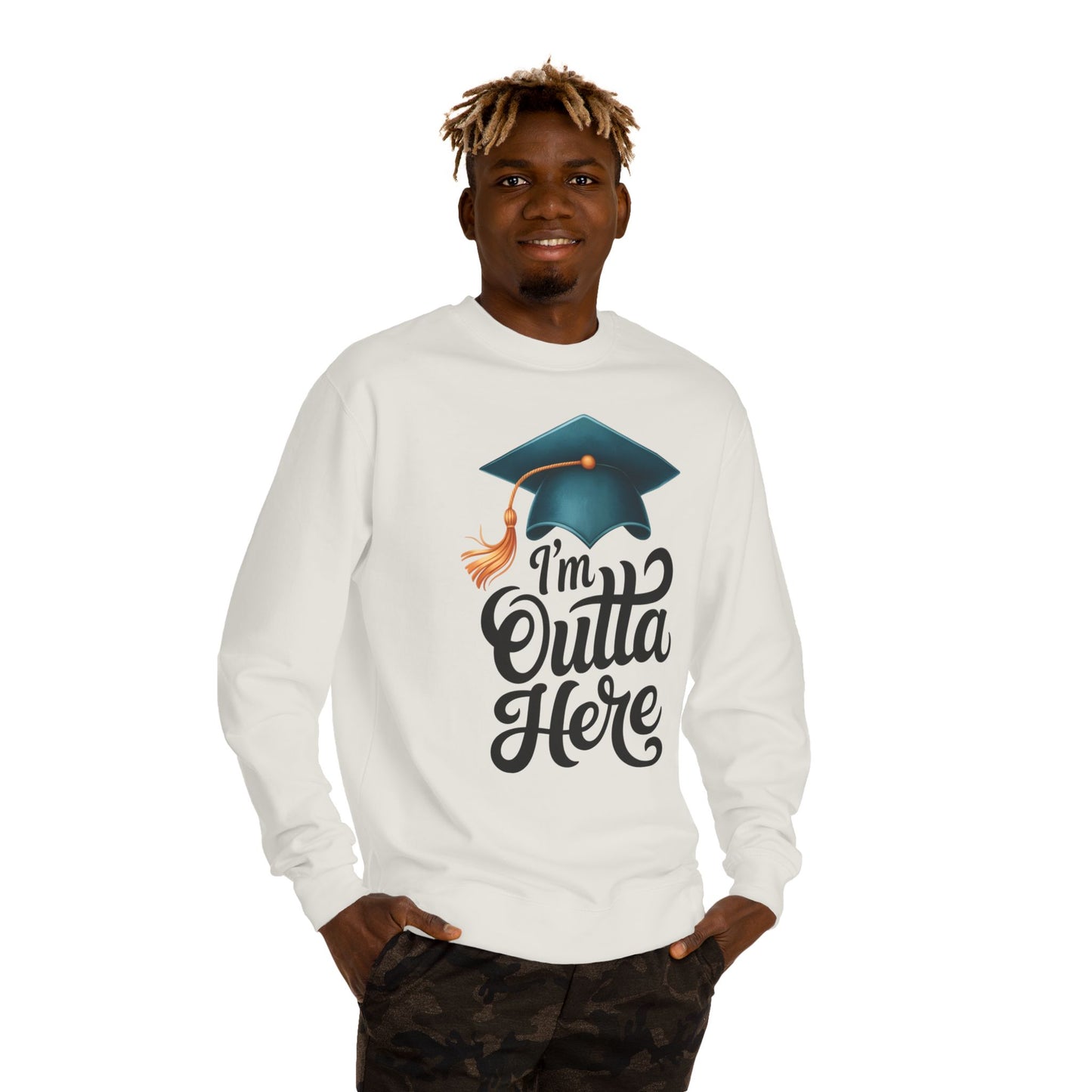 Graduation Crewneck Sweatshirt – “I’m Outta Here” Cap & Tassel Design