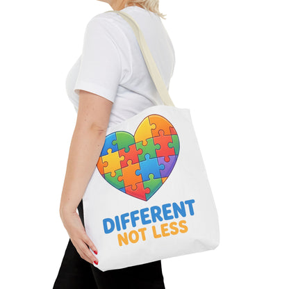 Autism Awareness Tote Bag — "Different Not Less" Heart Puzzle Design