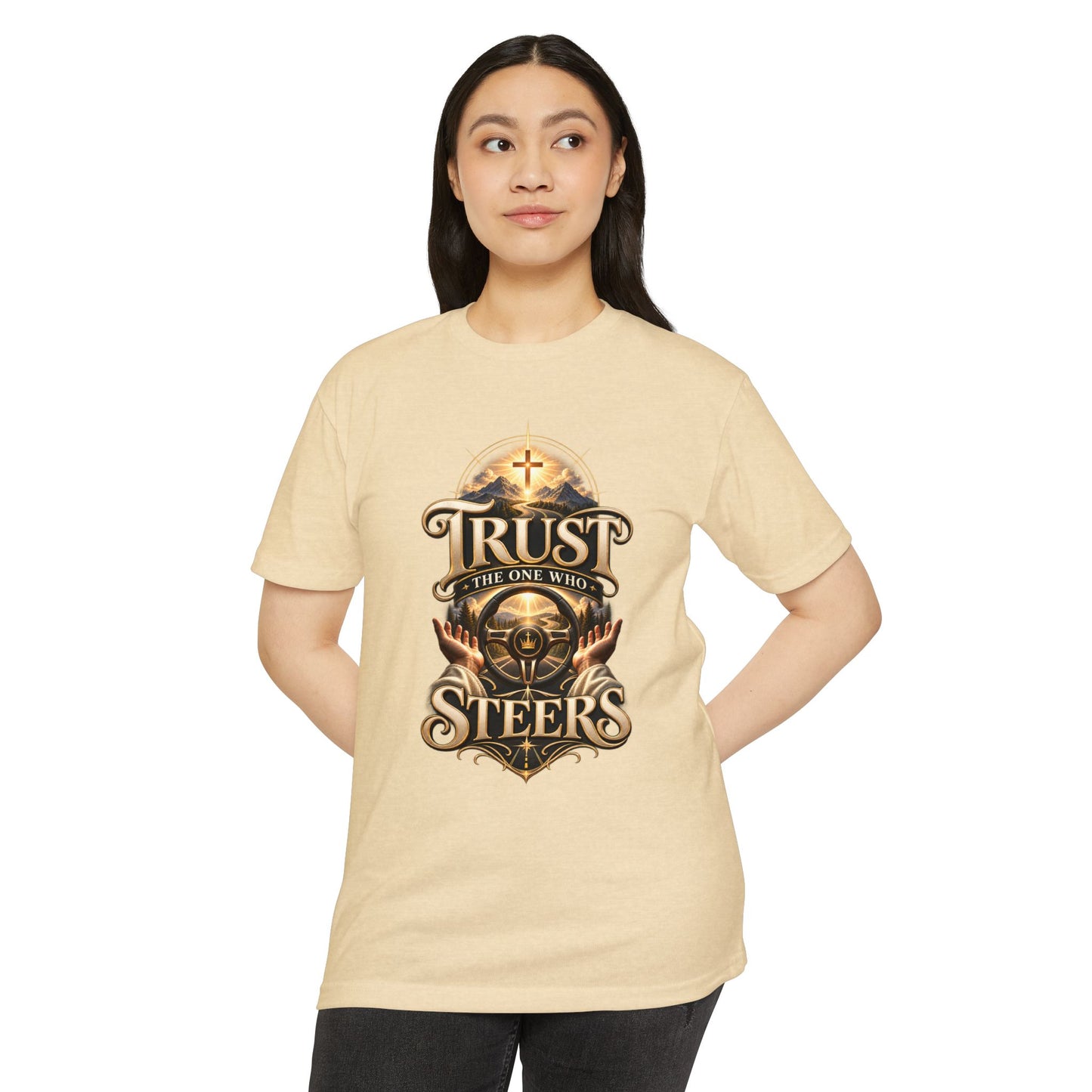 Trust He Steers T‑Shirt — Christian Faith Nautical Steering Wheel Design