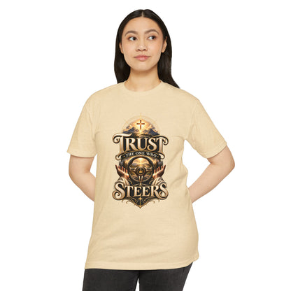 Trust He Steers T‑Shirt — Christian Faith Nautical Steering Wheel Design