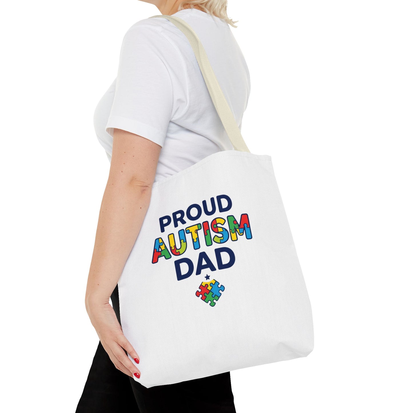 Proud Autism Dad Tote Bag — Colorful Puzzle-Heart Support Gift