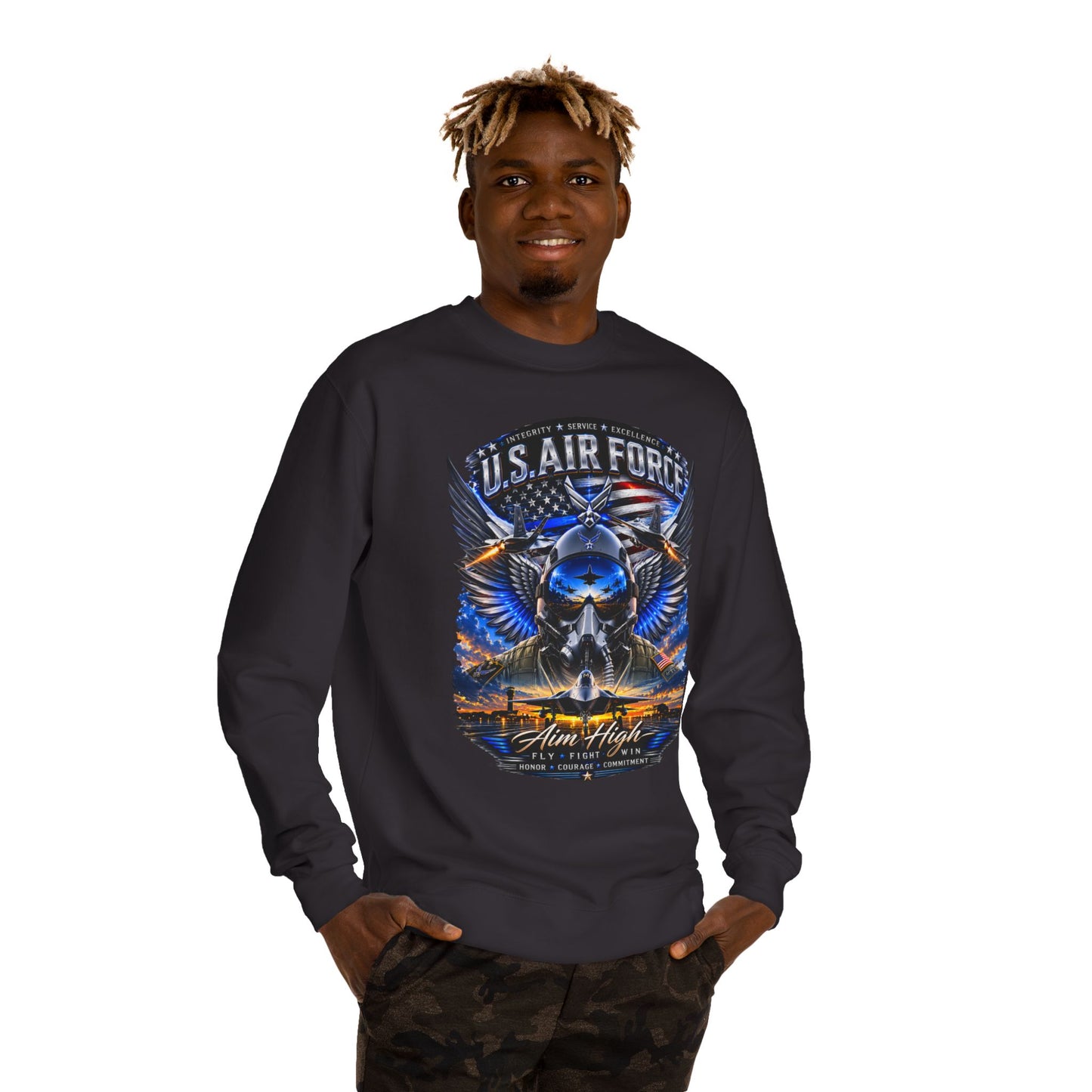U.S. Air Force Crewneck Sweatshirt — "Aim High" Fighter Jet Graphic