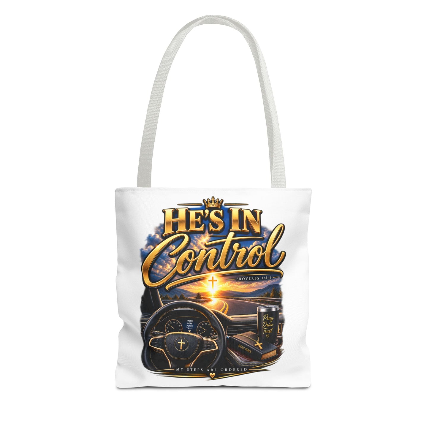 He's In Control Christian Tote Bag — Faith-Inspired Inspirational Grocery & Daily Carry AOP
