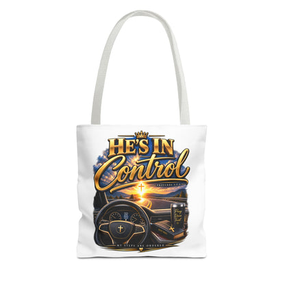 He's In Control Christian Tote Bag — Faith-Inspired Inspirational Grocery & Daily Carry AOP