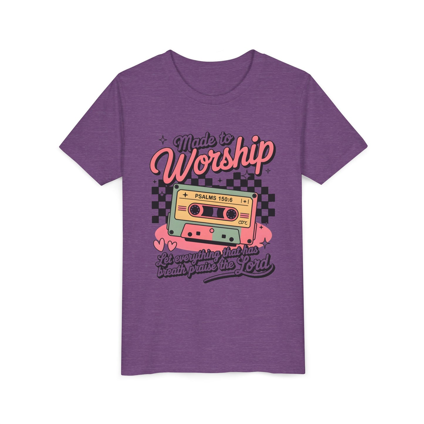 Made to Worship Youth Tee – Retro Cassette Christian Kids Shirt (Psalms 100:4)