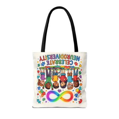 Celebrate Neurodiversity Tote Bag — Rainbow Infinity Symbol & Kids Design