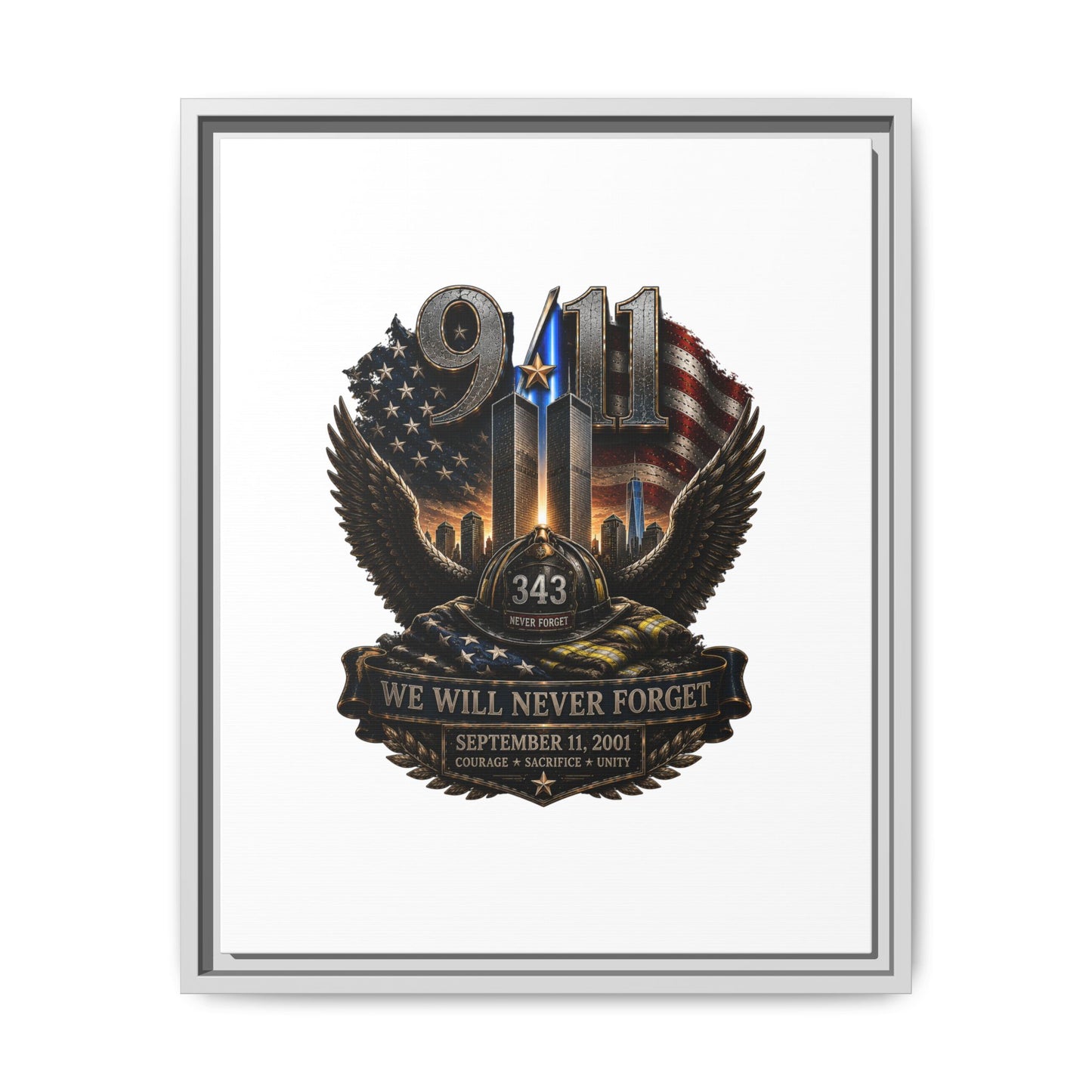 9/11 Memorial Matte Canvas Print — "We Will Never Forget" Framed Tribute