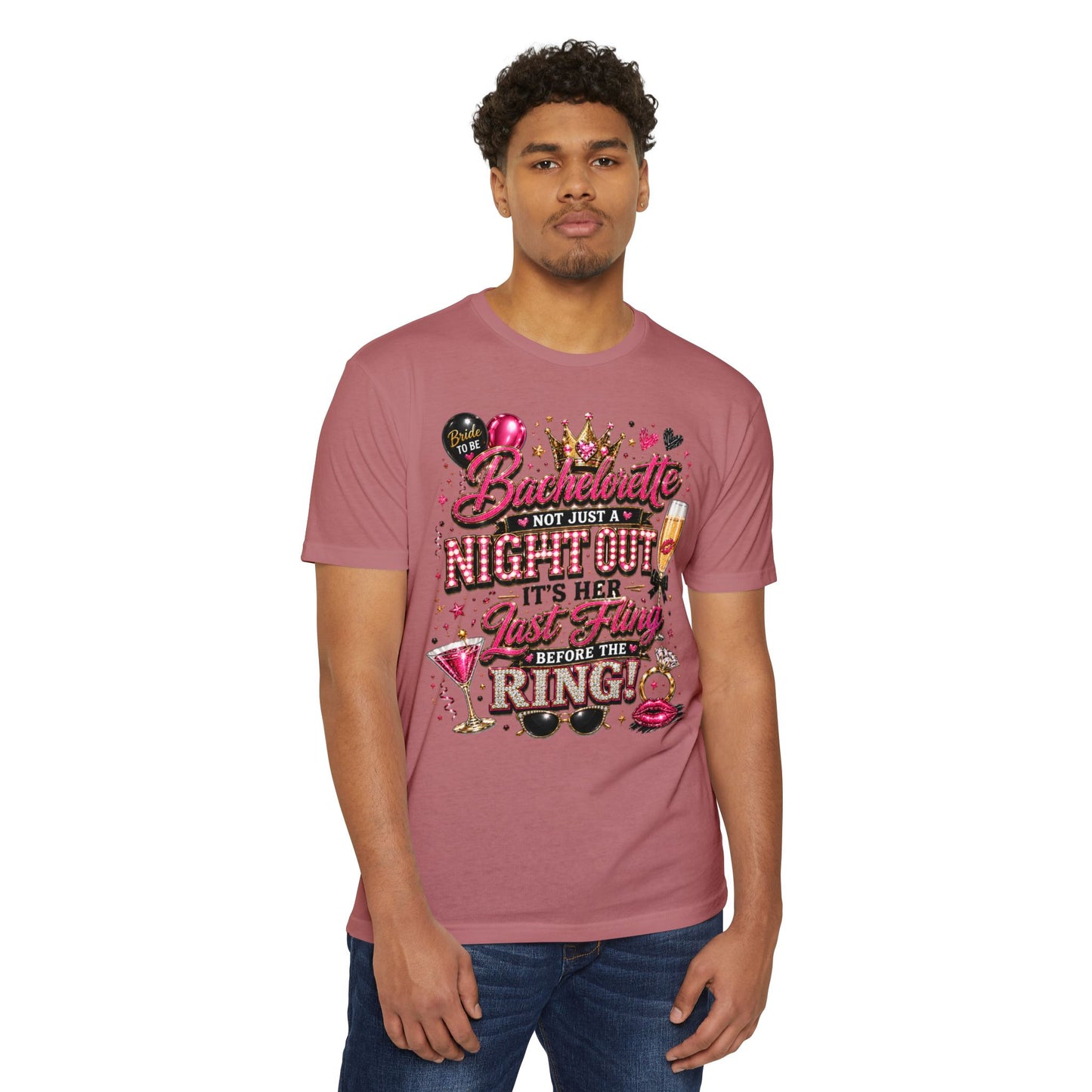 Bachelorette Party T-Shirt — "Not Just a Night Out, It’s Her Last Fling Before the Ring"