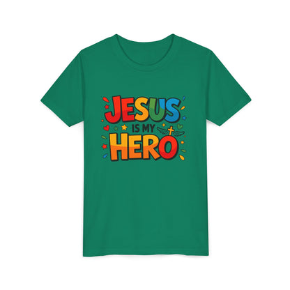 Youth Tee — "Jesus Is My Hero" Colorful Kids Christian T-Shirt