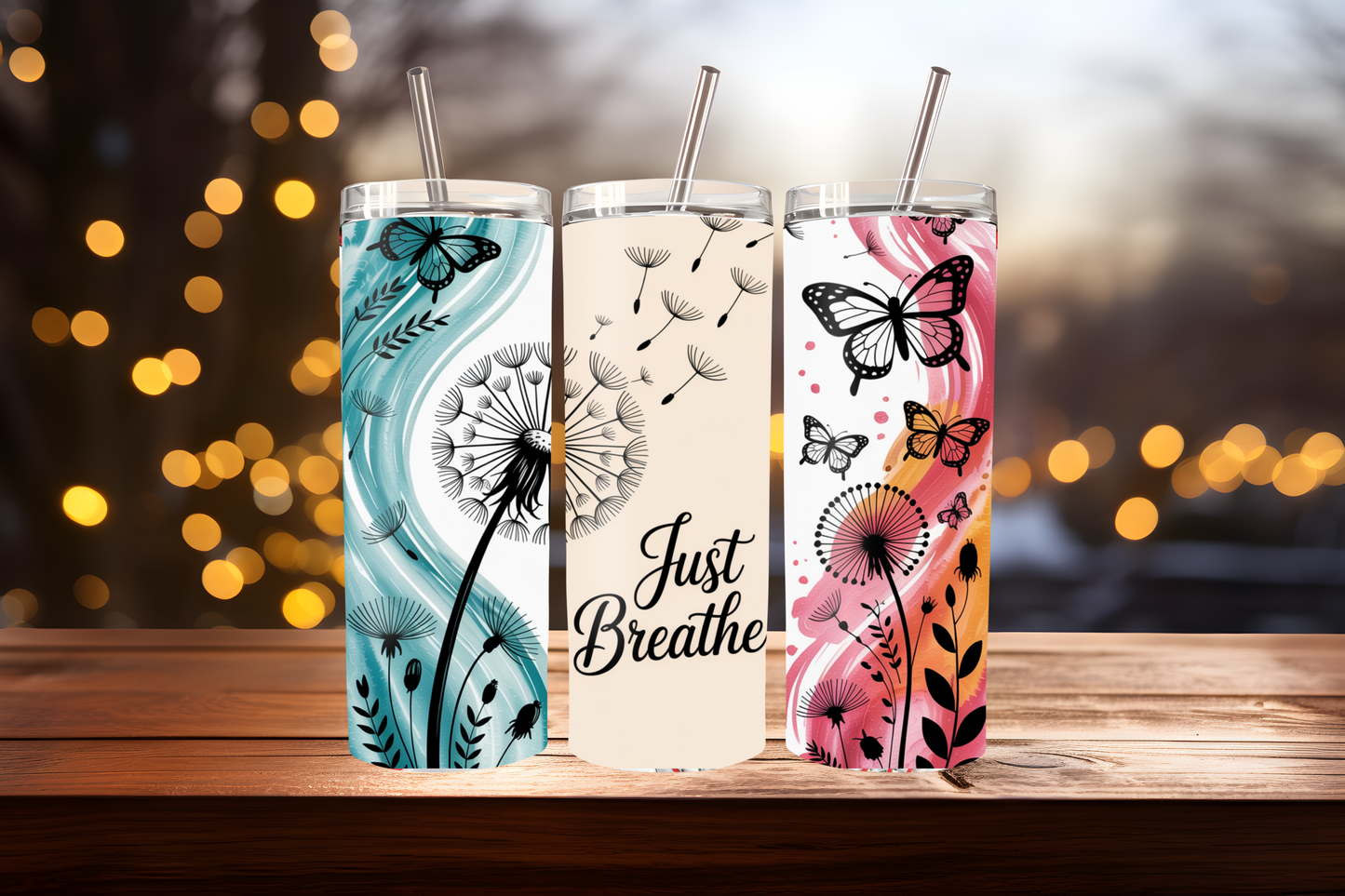 Just Breathe Tumbler Wrap PNG | Motivational Quote Design, 20oz Skinny Tumbler Sublimation, Mindfulness &amp; Self Care Tumbler Template