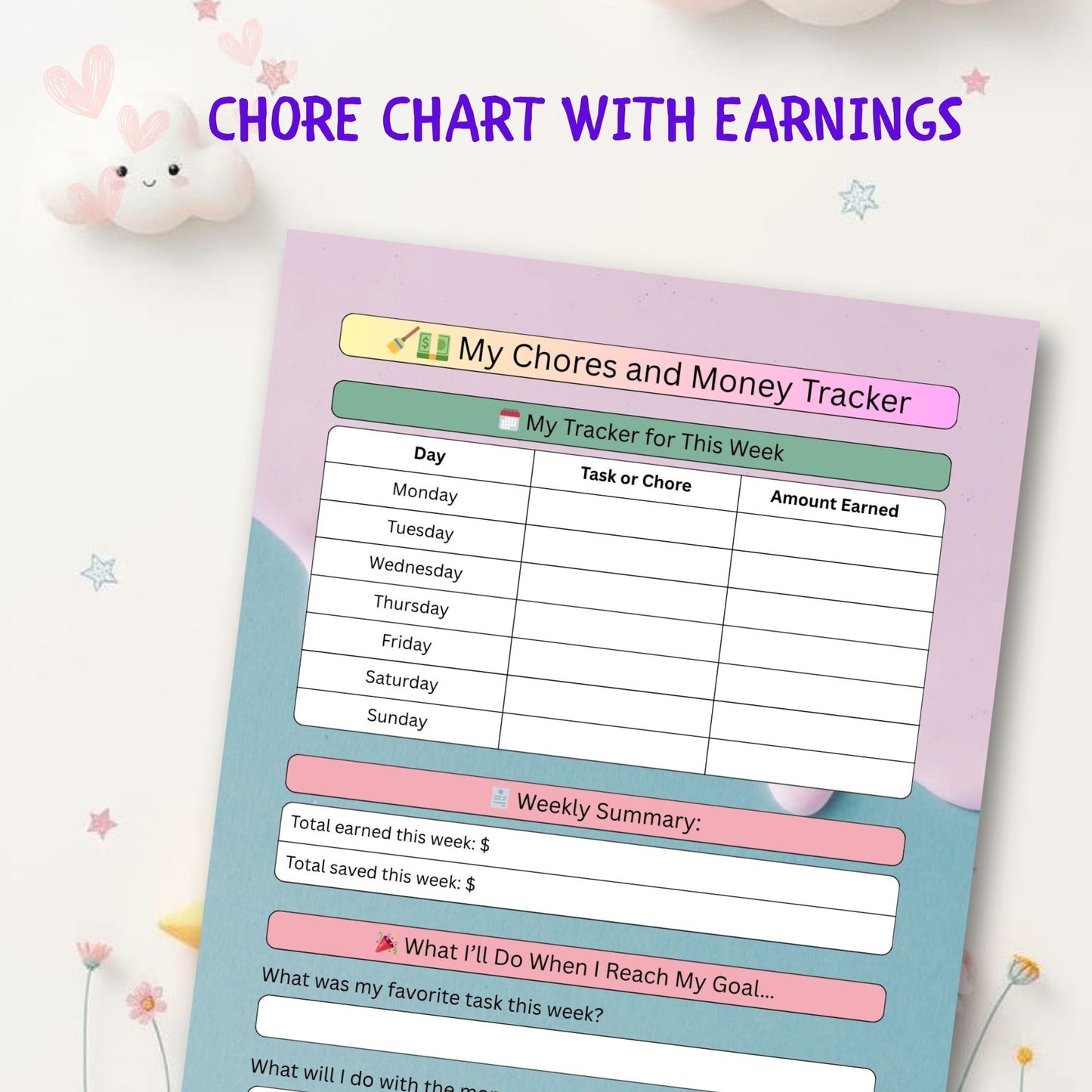 Kids Chore Chart with Earnings | Reward & Responsibility Printable Tracker