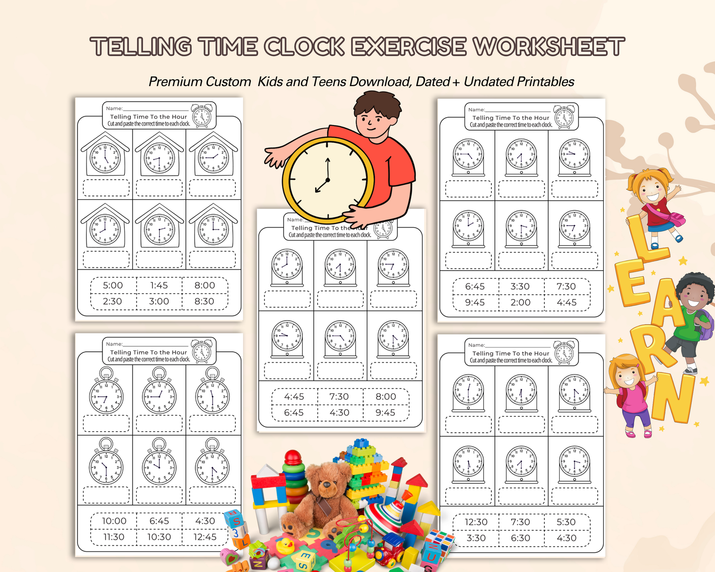 Telling Time Clock Worksheet | Printable Time Learning Exercises for Kids & Beginners