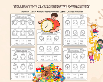 Telling Time Clock Worksheet | Printable Time Learning Exercises for Kids & Beginners