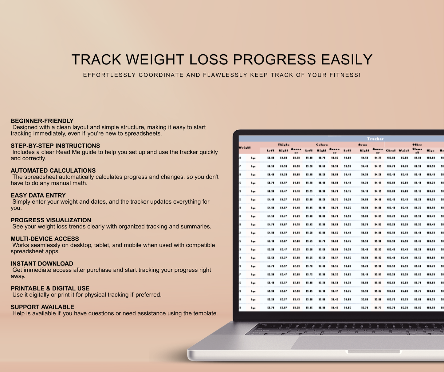 Weight Loss Tracker Spreadsheet | Fitness & Progress Google Sheets Body Measurement Planner