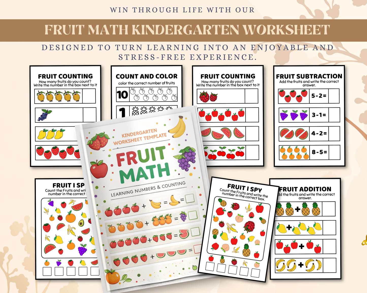 Fruit Math Worksheet for Kindergarten | Printable Counting & Addition Activities with Fun Fruit Theme