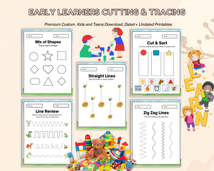 Early Learners Cutting & Tracing Worksheets | Printable Fine Motor Skills Activities for Kids