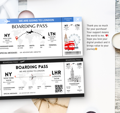 London Boarding Pass & Ticket Template | Editable Canva Travel Ticket Invitation & Party Invite