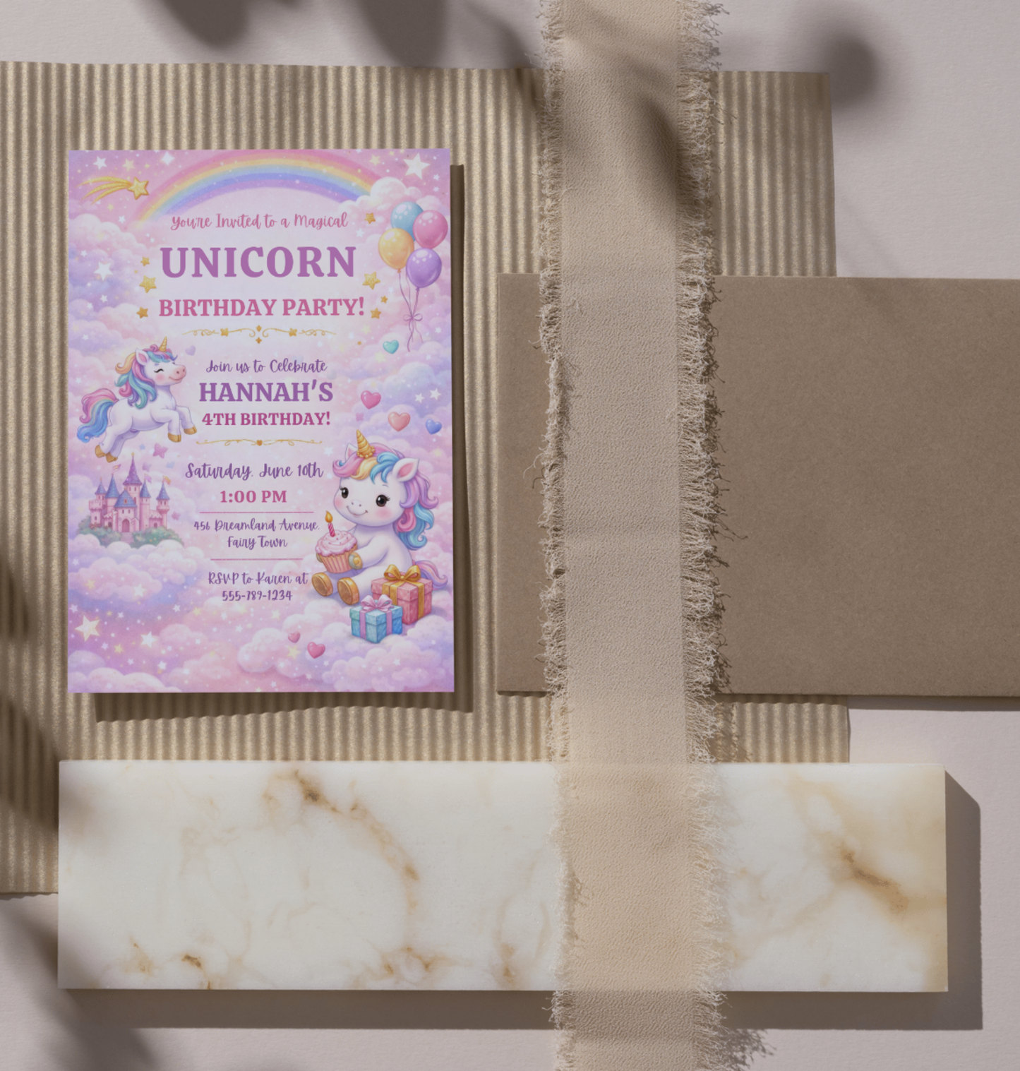 Unicorn Birthday Invitation Template | Editable Kids Magical Party Invite