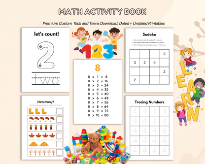 Math Activity Book for Kids | Printable Worksheets for Addition, Subtraction, Multiplication & Fun Learning