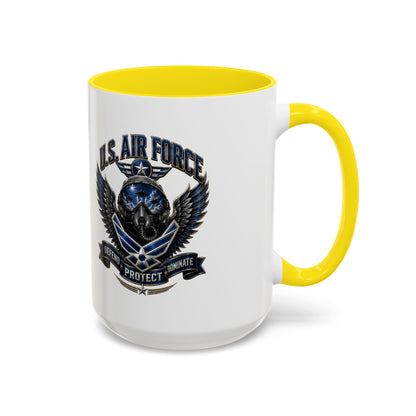 U.S. Air Force Emblem Accent Coffee Mug — Defend Protect Dominate (11/15oz)