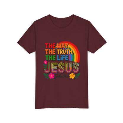 Youth Tee — "The Way, The Truth, The Life" Jesus John 14:6 Rainbow Christian Shirt