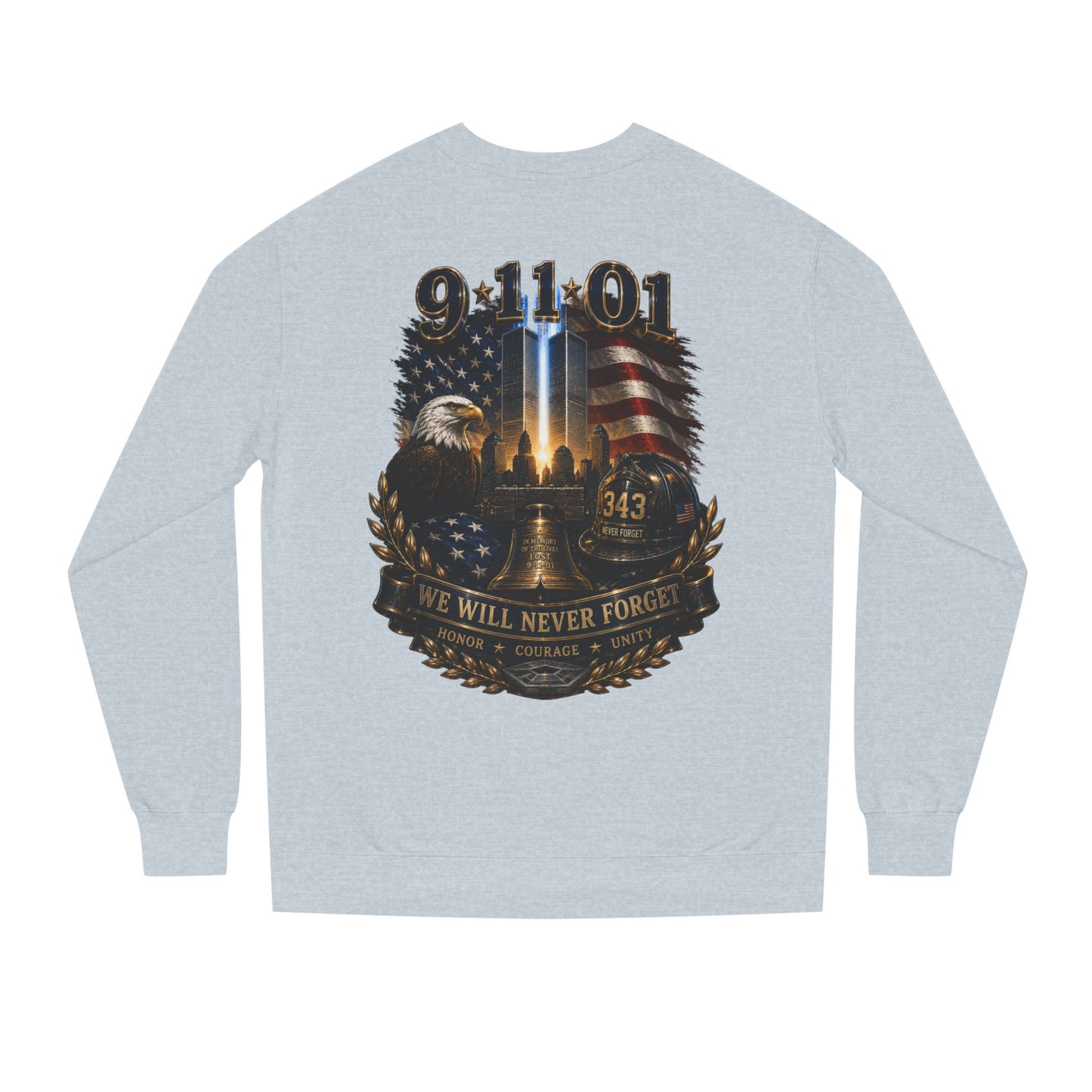 9/11 Remembrance Crewneck Sweatshirt — We Will Never Forget Memorial Tee