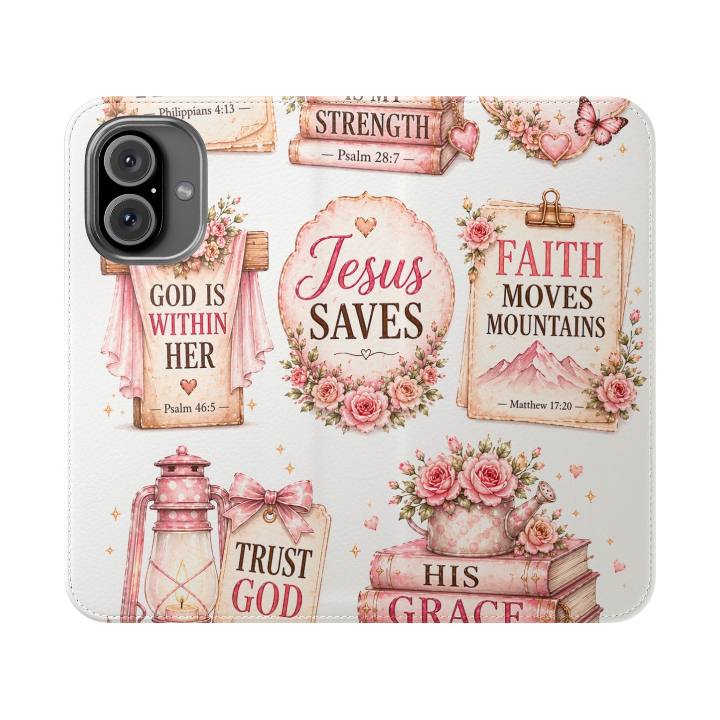 Christian Floral Phone Flip Case — "Jesus Saves" & Inspirational Scripture Wallet Cover