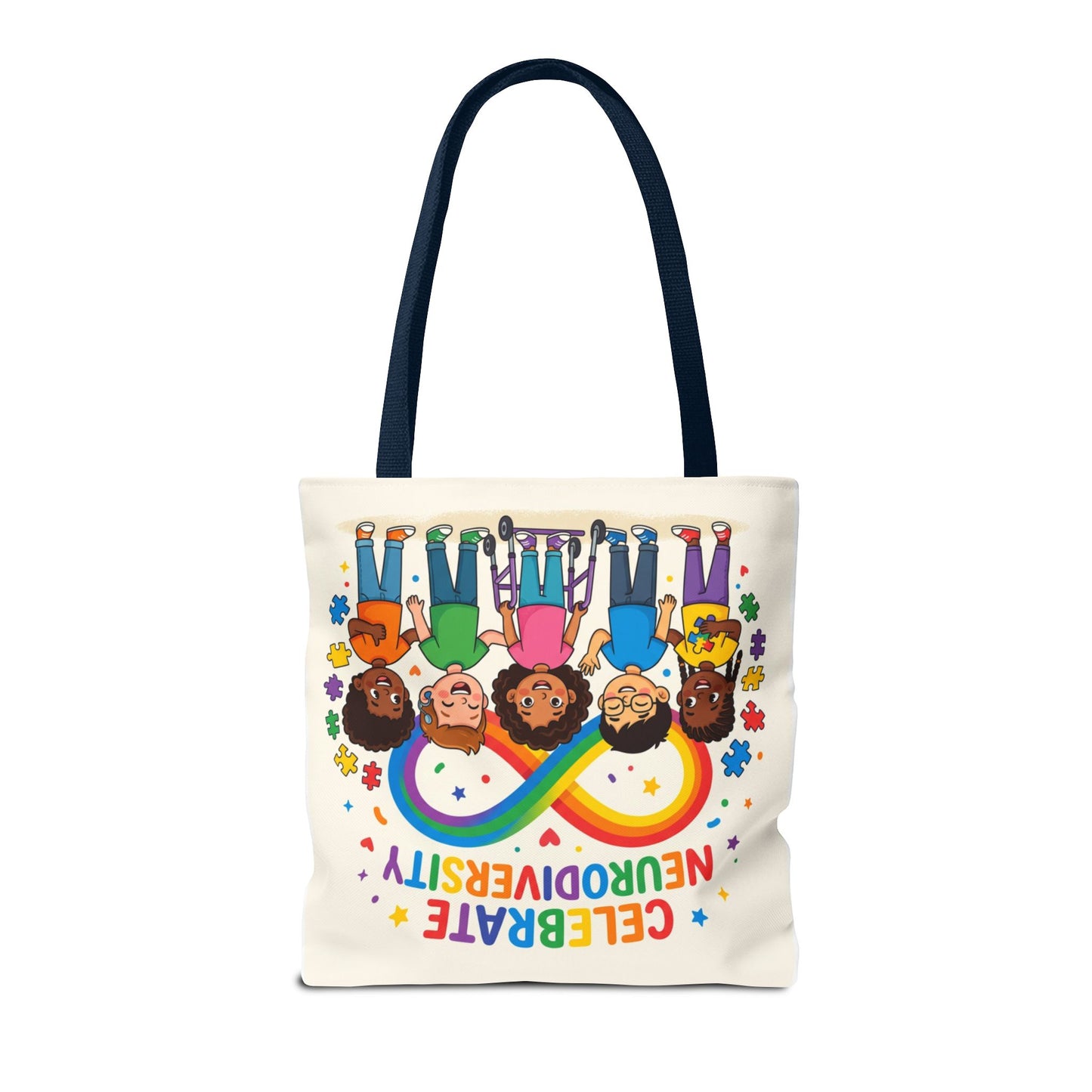 Celebrate Neurodiversity Tote Bag — Rainbow Infinity Symbol with Diverse Kids