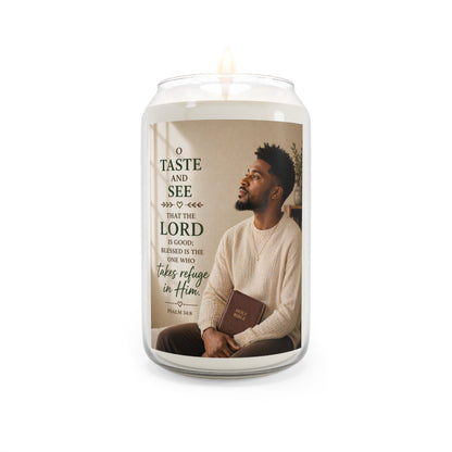 Inspirational Scented Soy Candle — “Taste and See the Lord” Psalm Design (13.75 oz)