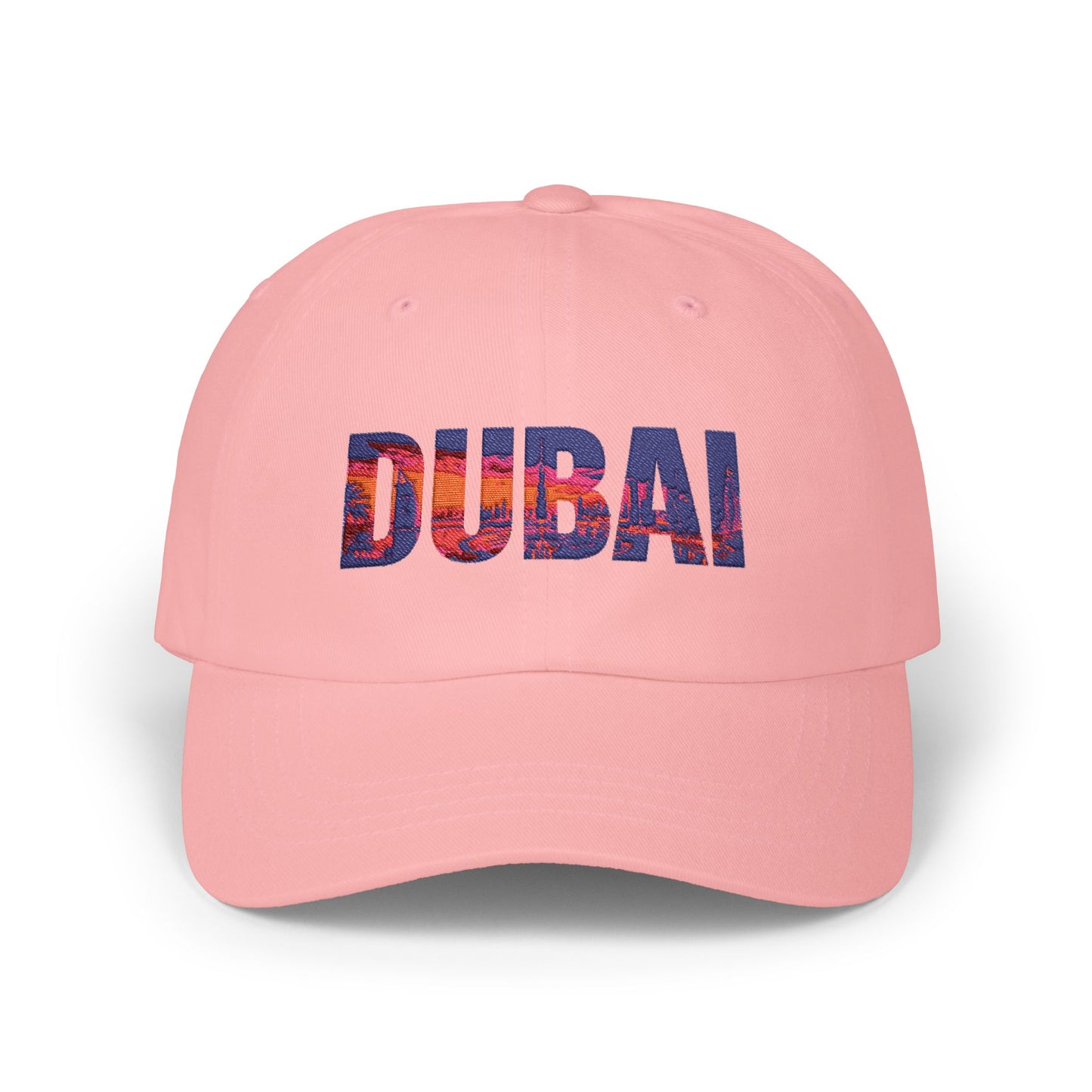 Dubai Dad Cap — White Classic Baseball Hat with Dubai Skyline Text