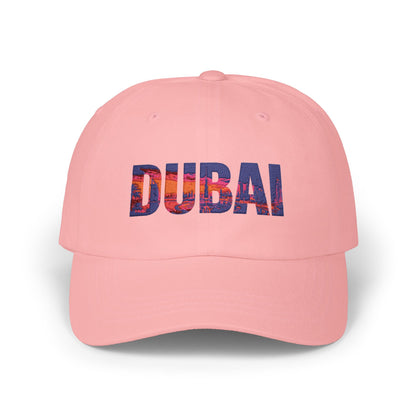Dubai Dad Cap — White Classic Baseball Hat with Dubai Skyline Text