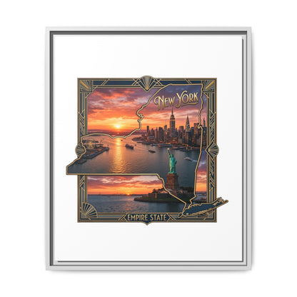 Framed Matte Canvas Wall Art — New York City Sunset Skyline with Statue of Liberty