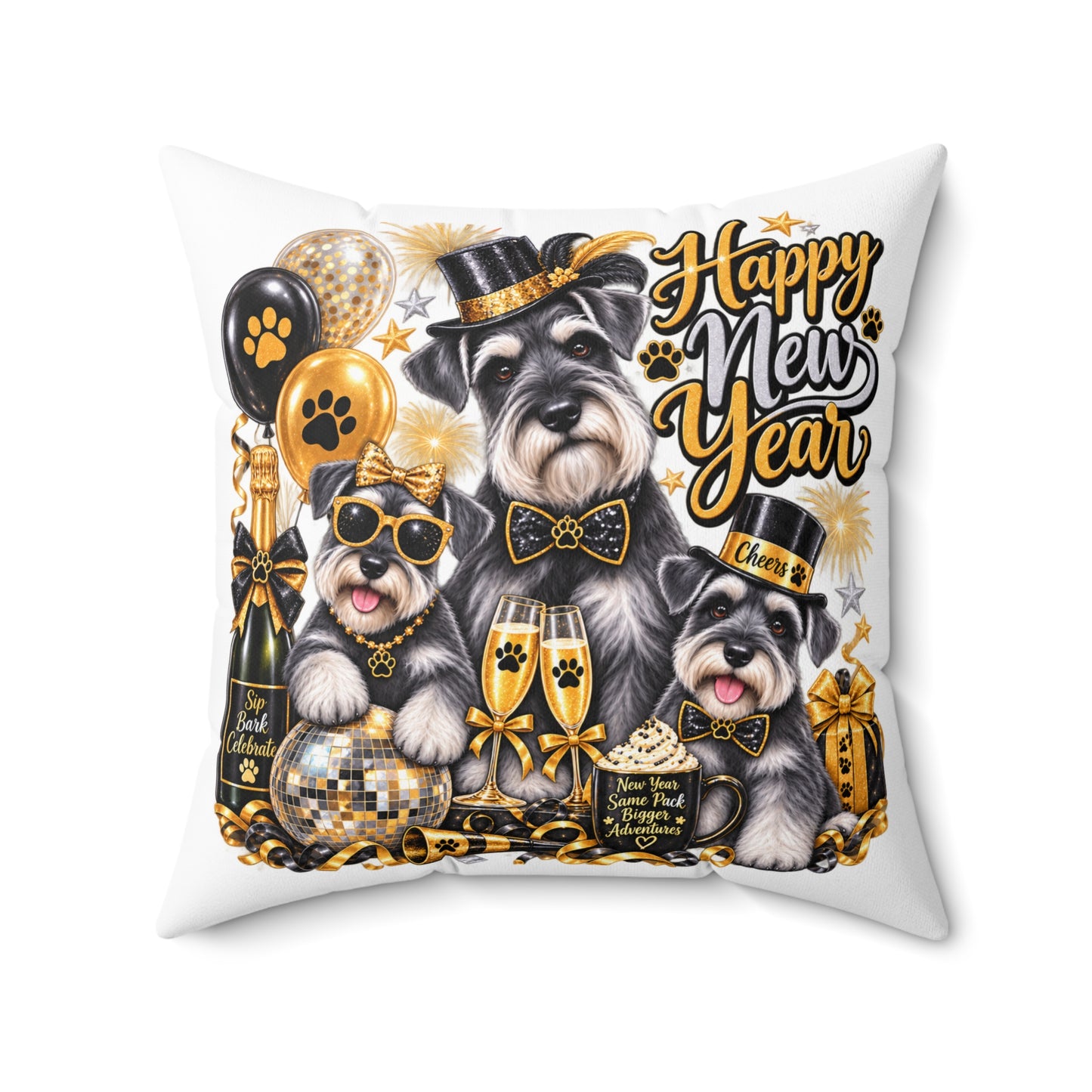 Happy New Year Schnauzer Pillow — Festive Gold Party Decorative Throw Pillow