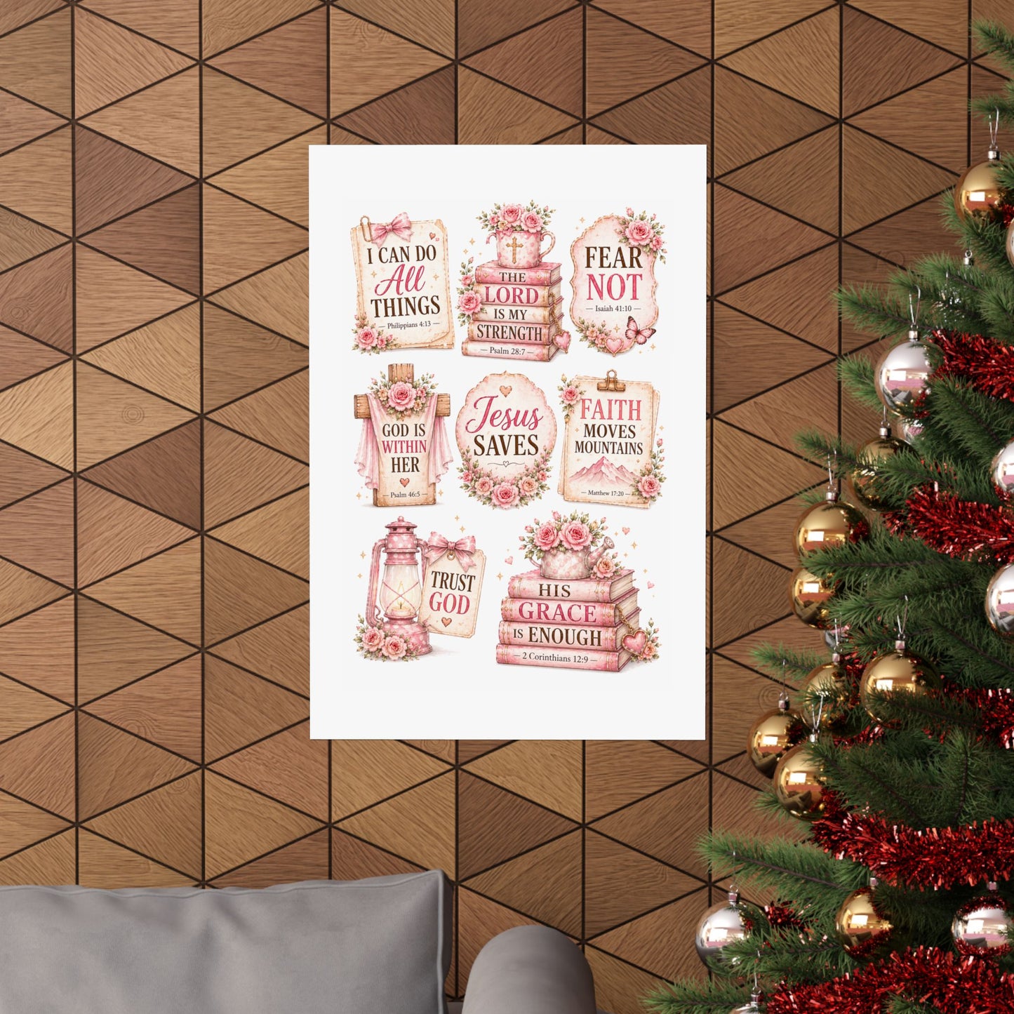 Christian Scripture Matte Poster - Floral 'Jesus Saves' & Encouraging Verses (Vertical)