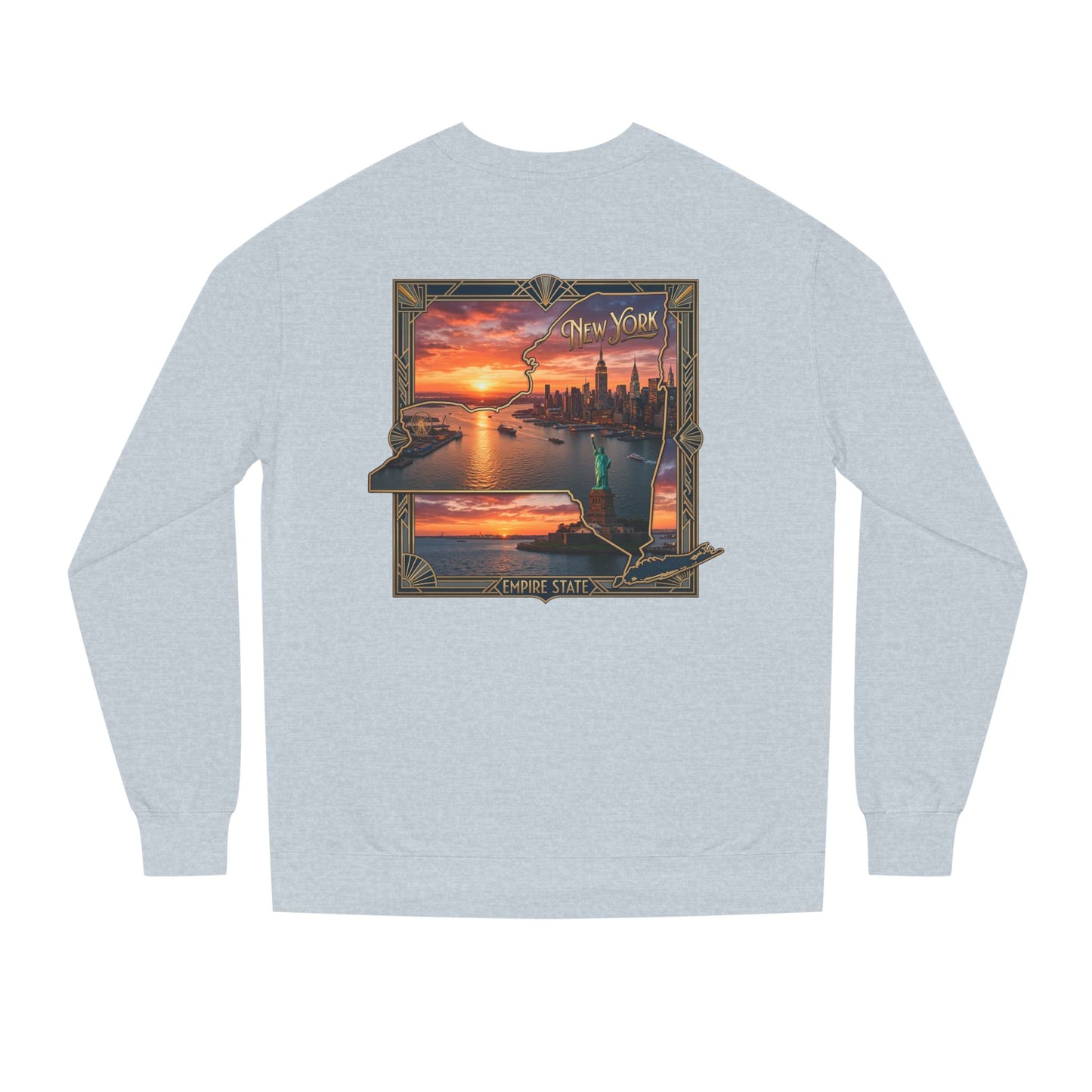 New York Sunset Crewneck Sweatshirt — Statue of Liberty Skyline Graphic