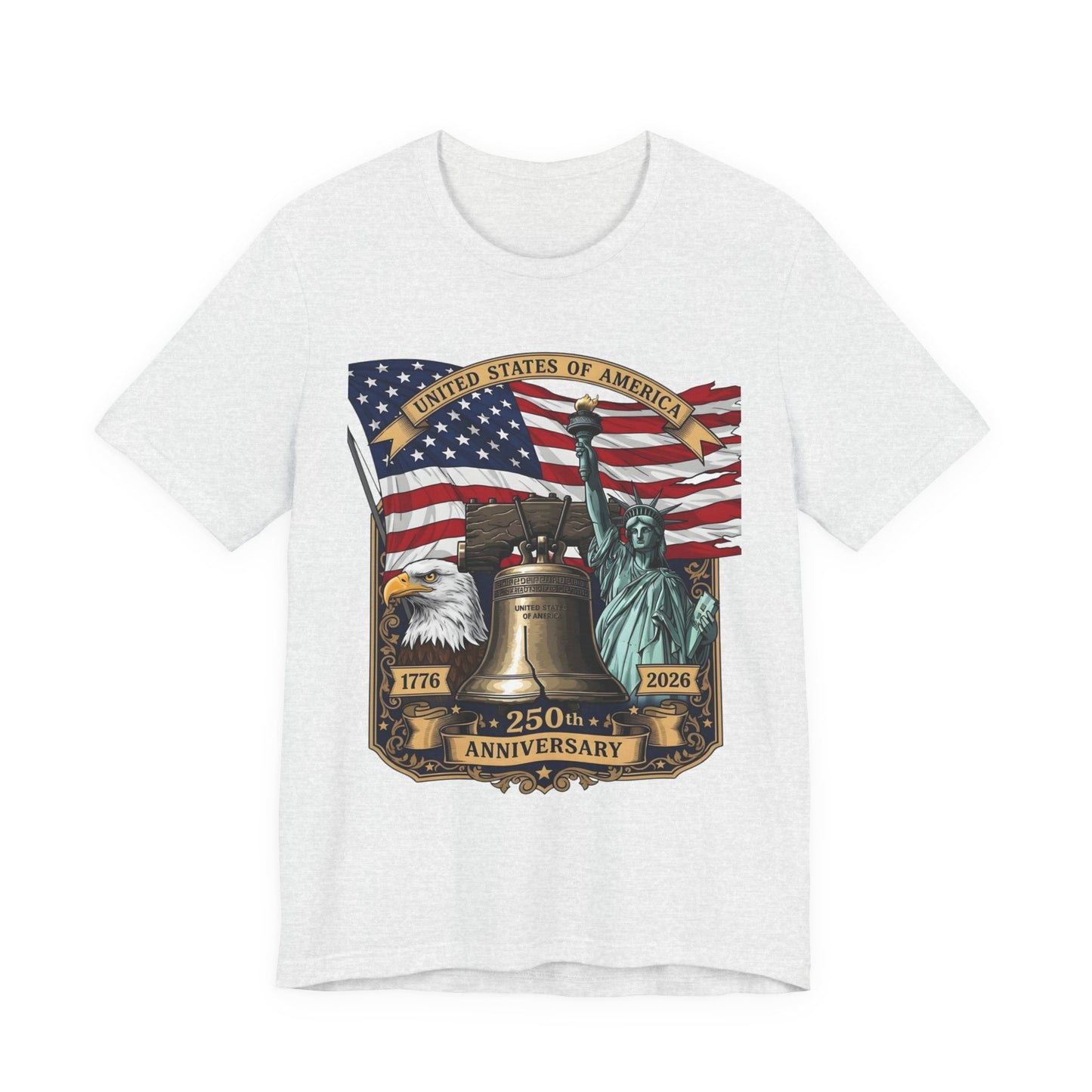 Patriotic 250th Anniversary T-Shirt - Liberty Bell, Bald Eagle & Statue of Liberty