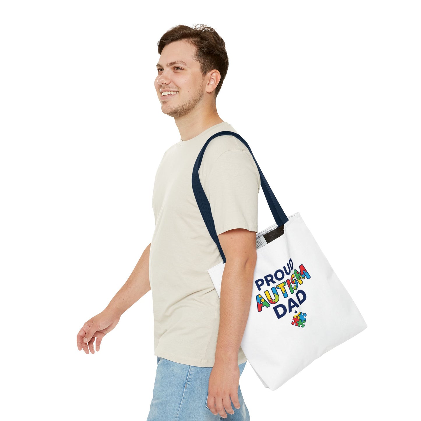 Proud Autism Dad Tote Bag — Colorful Puzzle-Heart Support Gift