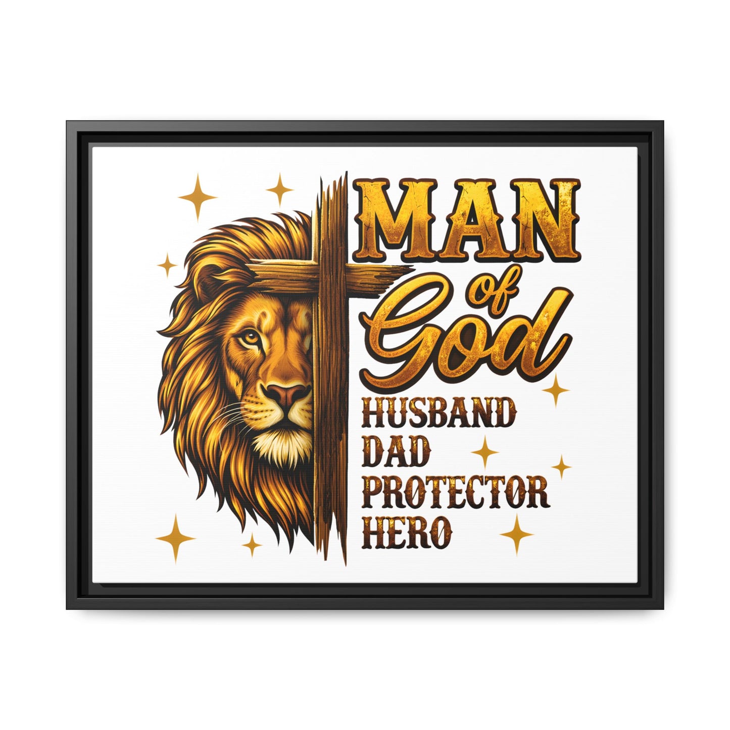 Man of God Framed Canvas Art — 'Man of God: Husband, Dad, Protector, Hero' Religious Wall Decor