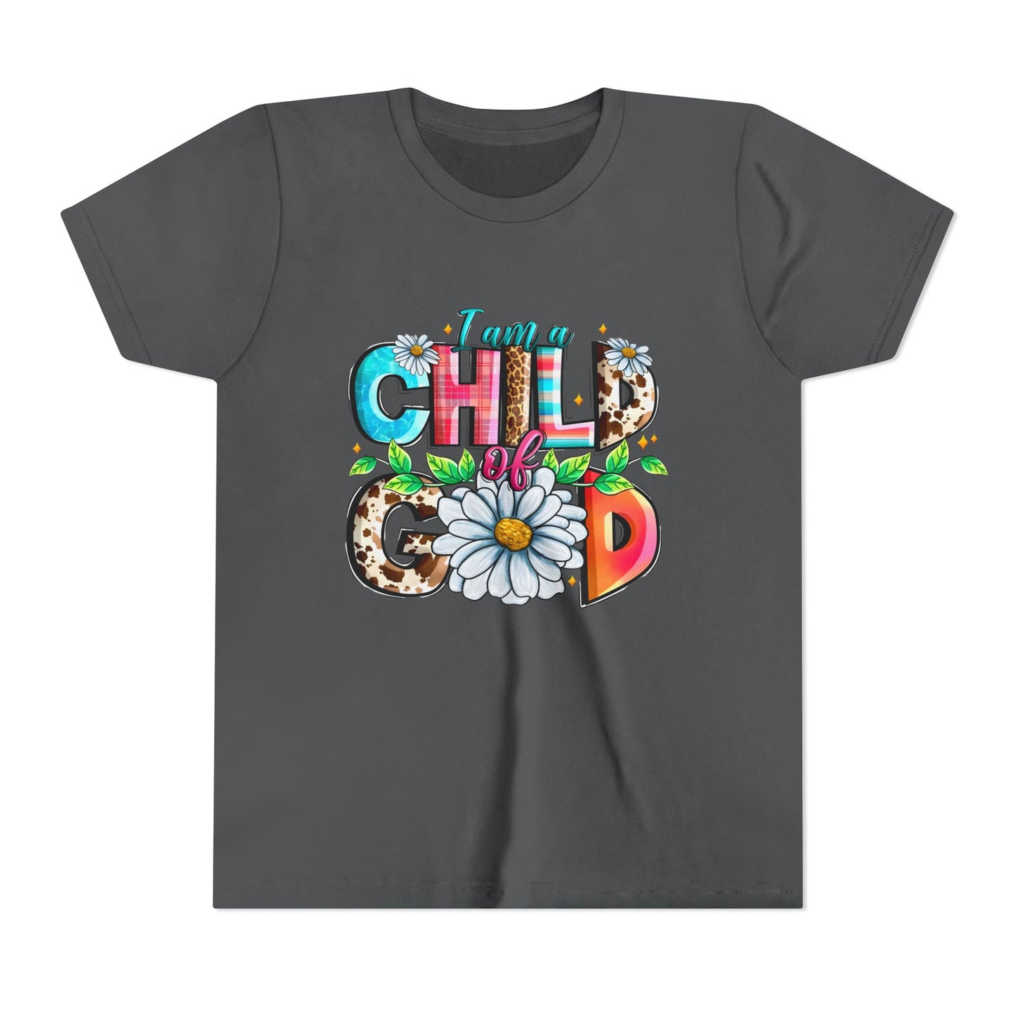 Youth Tee — "I Am a Child of God" Floral Christian Graphic