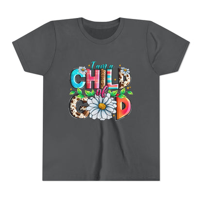 Youth Tee — "I Am a Child of God" Floral Christian Graphic