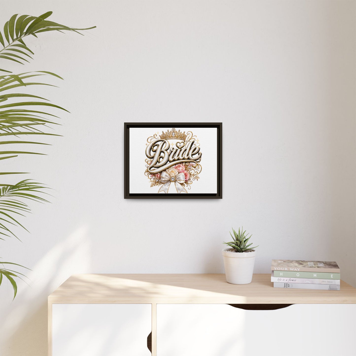 Framed Bride Canvas Wall Art — Elegant Bridal Crown & Floral Wedding Decor