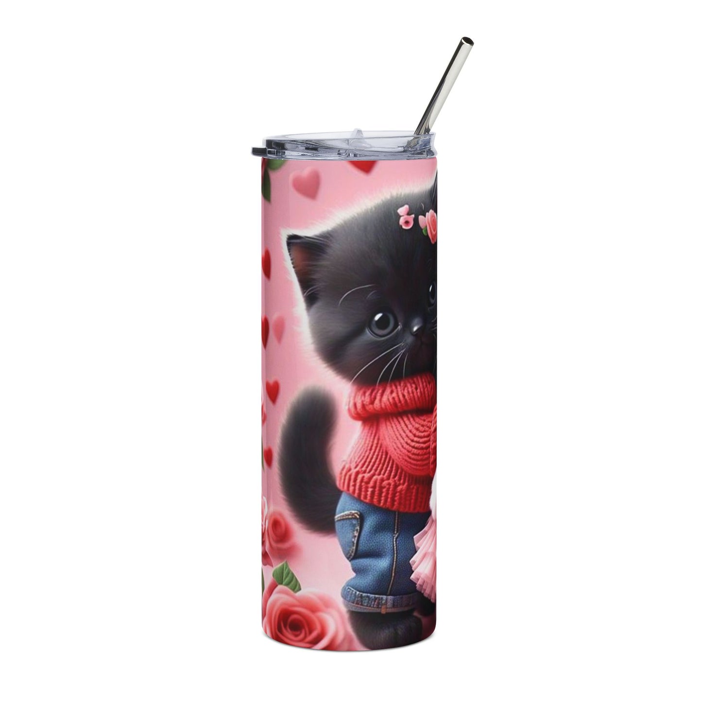 20oz Cat Couple Tumbler – Cute Kittens with Roses, Valentine Stainless Steel Travel Cup