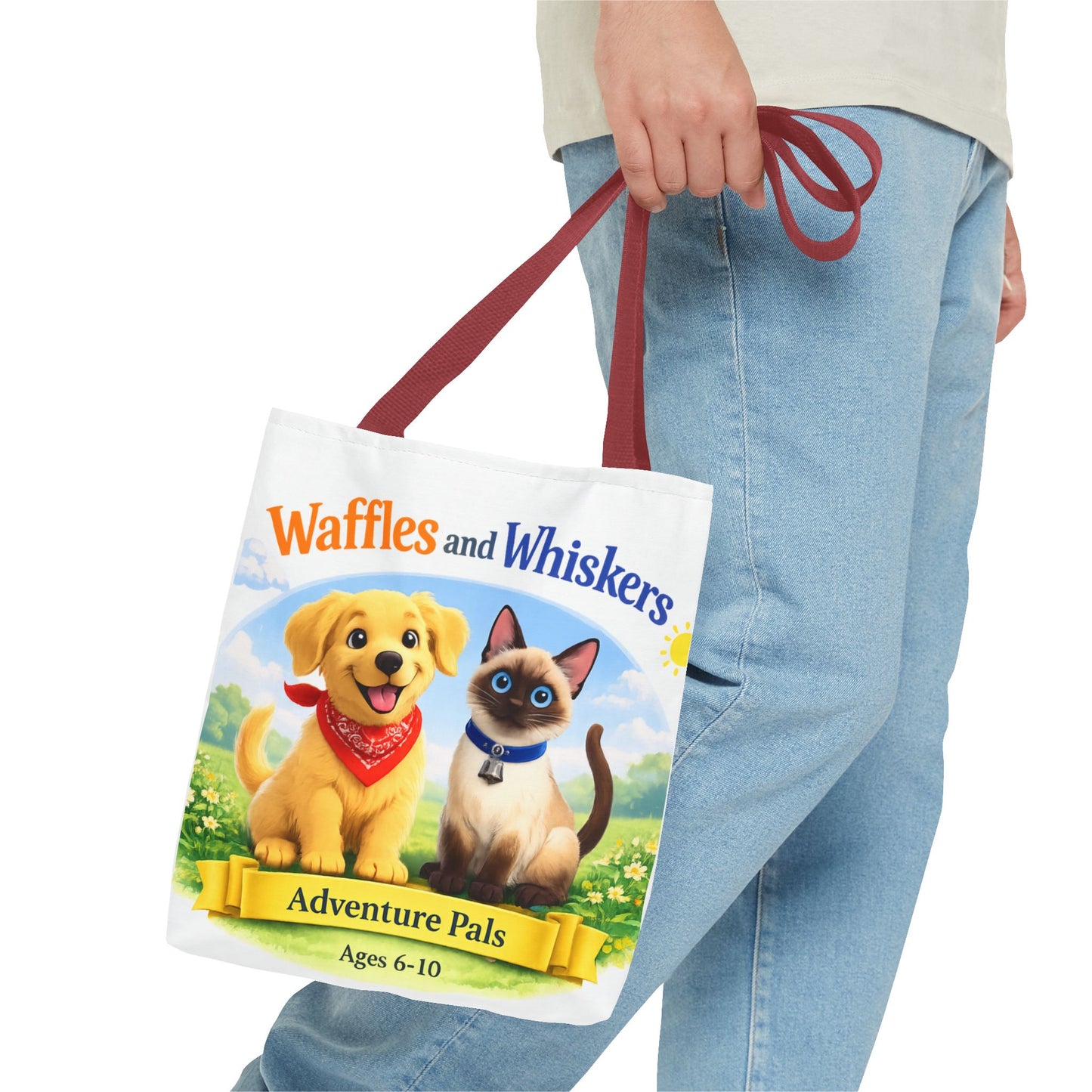 Waffles & Whiskers Adventure Pals Tote Bag — Cute Puppy and Kitten Kids Book Design