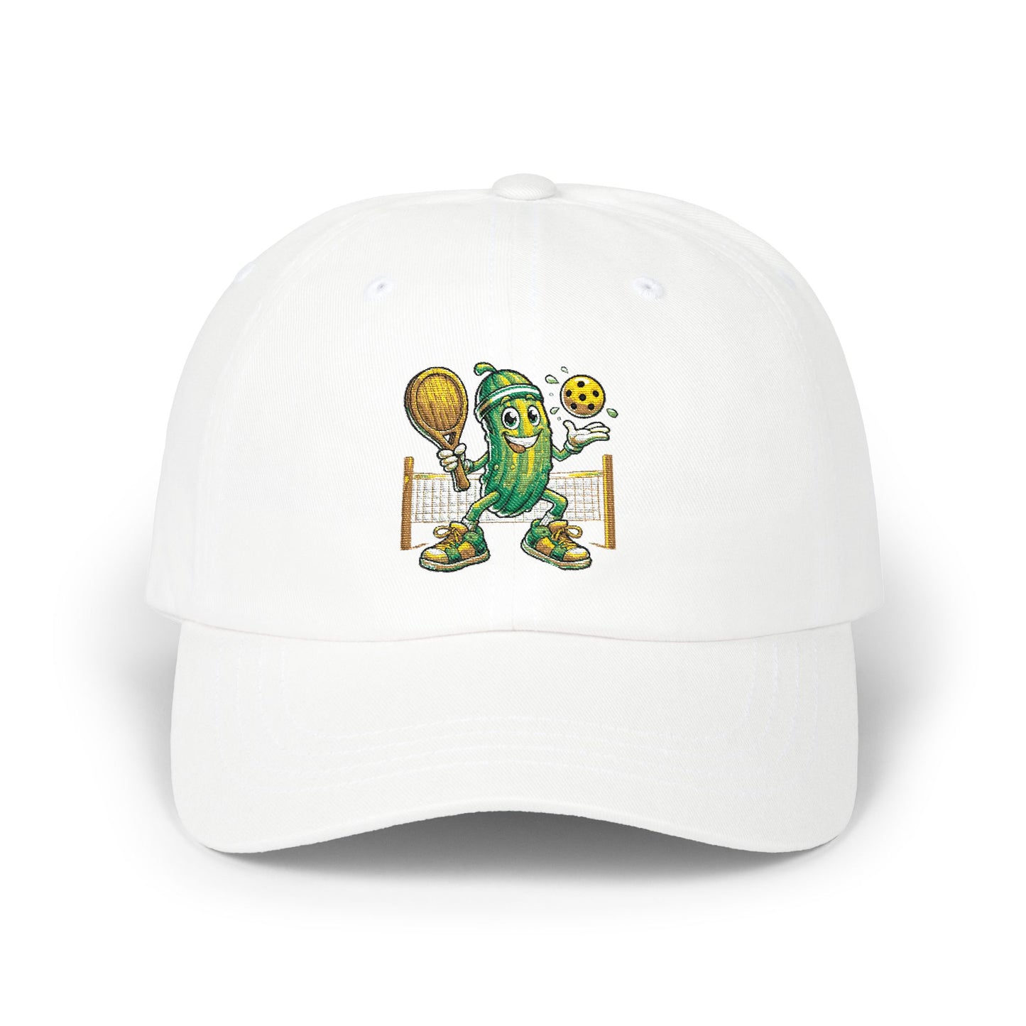 Pickleball Pickle Dad Cap — Retro Pickle Character Embroidered Baseball Hat