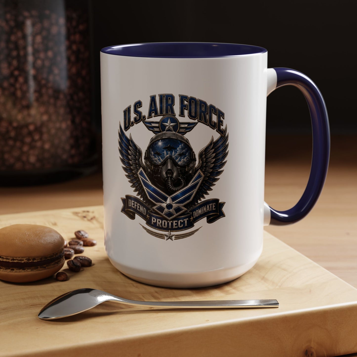 U.S. Air Force Emblem Accent Coffee Mug — Defend Protect Dominate (11/15oz)
