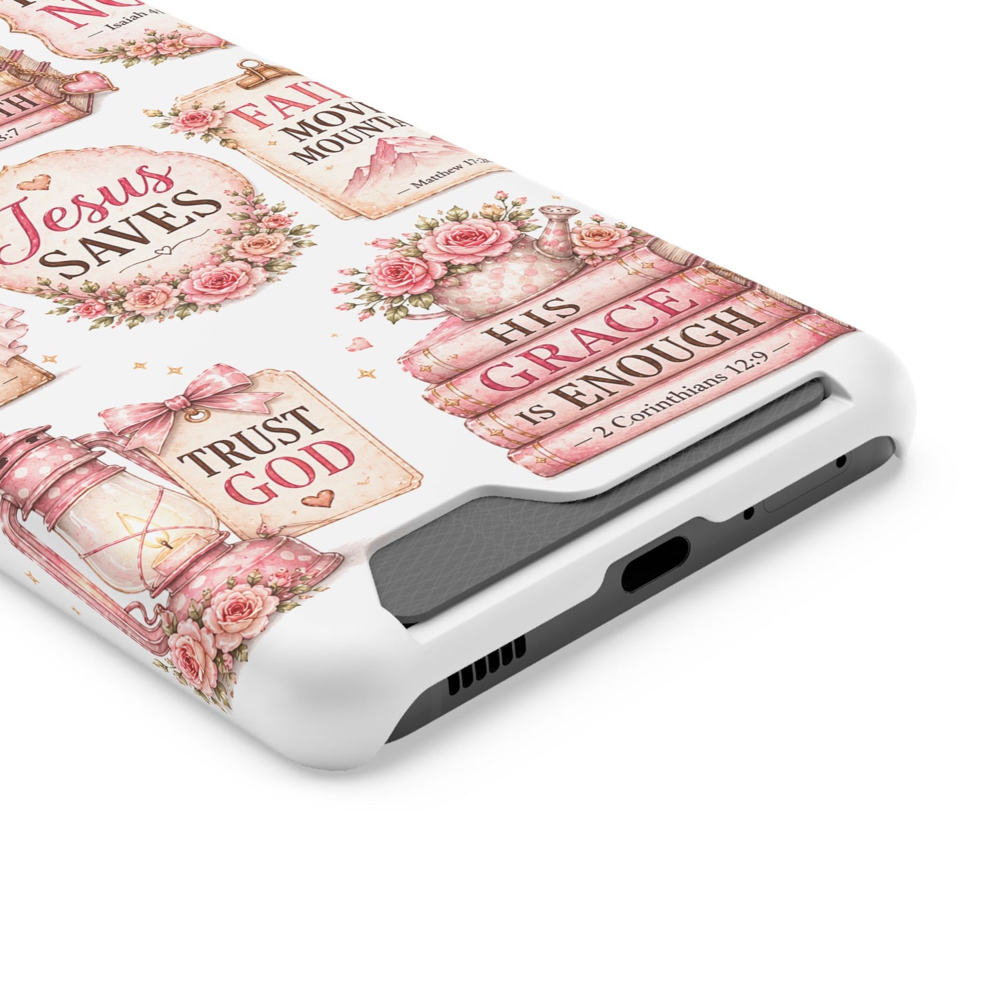 Christian Phone Case with Card Holder — 'Jesus Saves' Floral Scripture Design